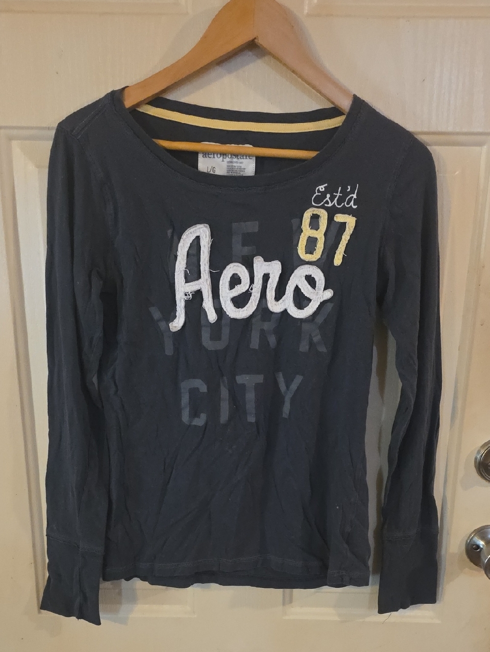 Aeropostale Charcoal Long Sleeve 'Aero 87' Graphic Tee with Yellow Accent
